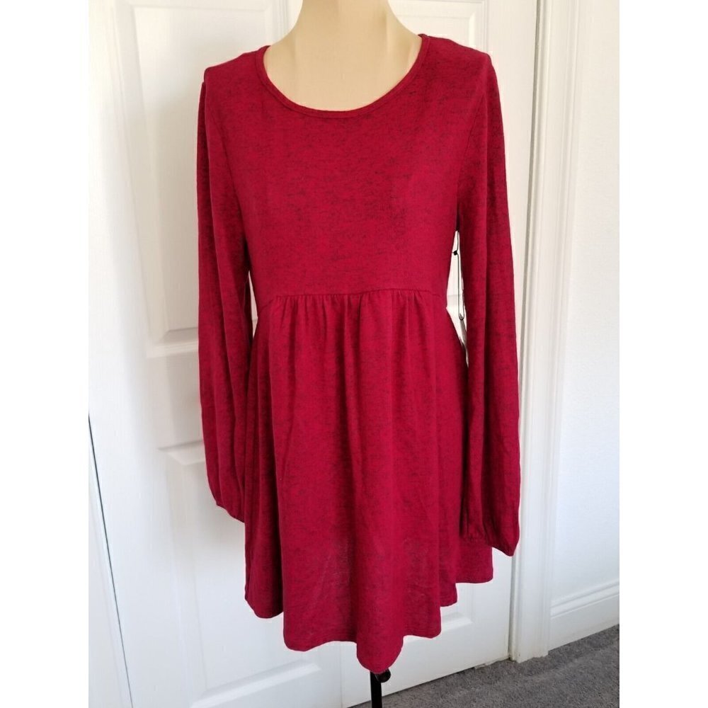 Max + Ash Knit Babydoll Mini Dress Womens Balloon Sleeve Round Neck Raisin Red M